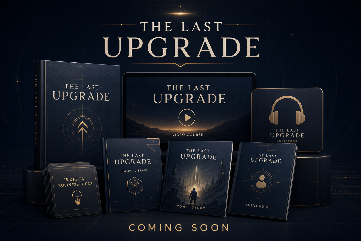 THE LAST UPGRADE product combo mockup including book, audiobook, videos, prompt library, comic story, agent guide, and business ideas